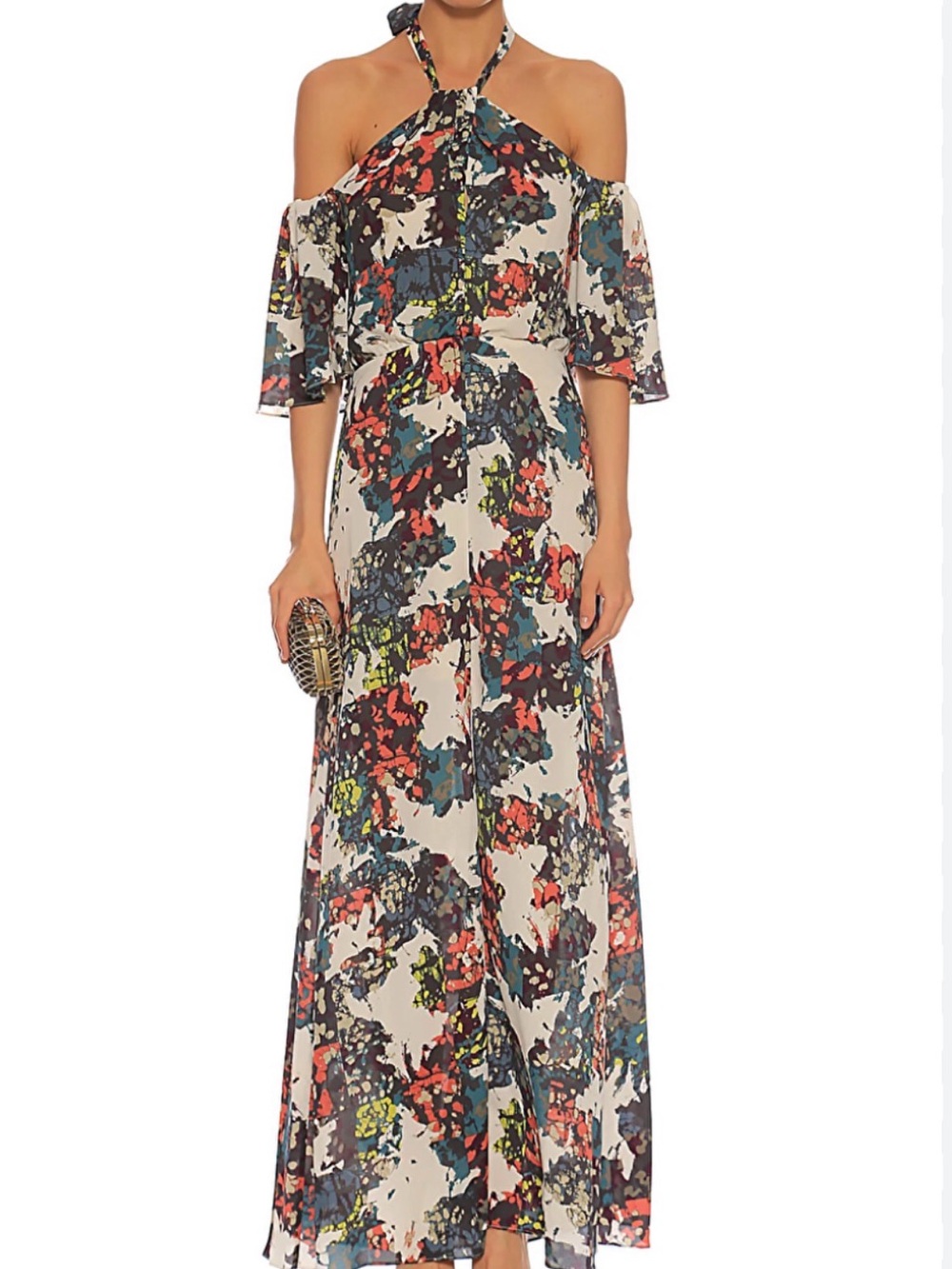 BCBGMaxAzria Kelley Floral Cold-Shoulder Halter Maxi Dress